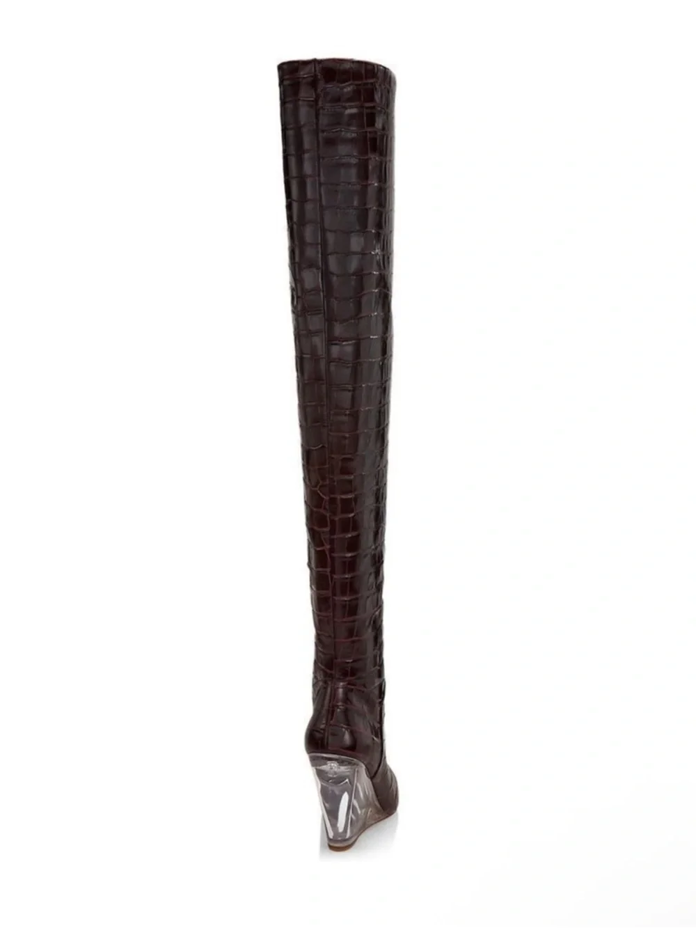 NWT STUART WEITZMAN Lucite 100mm Wedge Croc Embossed Thigh High Boots 7